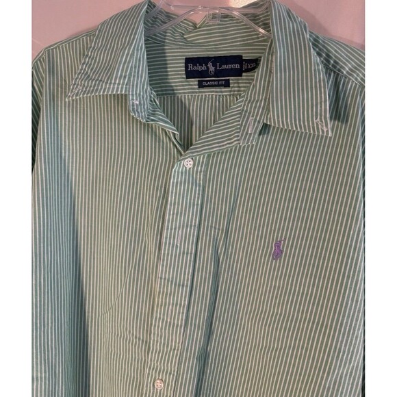 Ralph Lauren Mens Long Sleeve Shirt XXL Green White Stripes Button Down Classic - Picture 1 of 8